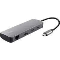 Trust 25672, USB Typ-C, HDMI, RJ-45, USB 3.2 Gen 1 (3.1 Gen 1) Type-A, USB 3.2 Gen 1 (3.1 Gen 1) Type-C, MicroSD (TransFlash), SD, Grau, 0,15 m, Windows 11