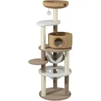 Fudajo Forest Lodge 168 cm Kratzbaum beige, Katzenbaum mit Katzenhaus, Katzenbett, Hängematte, transparente Liegemulde und Papierseil-Kratzstämmen