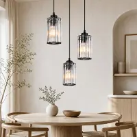 ZMH Pendelleuchte Esstisch Hängend 3 Flammig Kristall Hängelampe Schwarz Esstischlampe Wohnzimmer Schlafzimmer Hängeleuchte Pendellampe E27 für Küche