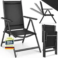 Tillvex Gartenstuhl Schwarz klappbar aus Aluminium | Hochlehner mit Armlehnen | Klappstuhl verstellbar | Klappsessel Balkon Garten Terrasse