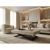 WFL GROUP Couchtisch Höhenverstellbar Cavetta U - Esstisch 120-200x80x27-76 cm Kaschmir Beige mit Schwarzem Metallgestell