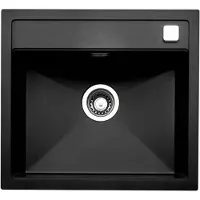 NABER Spüle ANGOLA 56 in NERO mit Drehexcentergarnitur verchromt / Auflagespüle / Einzelbecken / 60 cm Schrankbreite