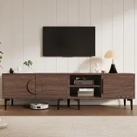 Merax TV-Schrank mit 3 Türen und 2 offene Ablagefächer, stabiler TV-Ständer für Wohnzimmer, TV-Lowboard für bis zu 80 Zoll Fernseher, Walnuss