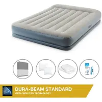 Intex Luftbett - 2 Personen - 152 x 203 x 30 cm - Grau - Mit eingebauter Pumpe + Spannbettlaken Anthrazit + Kopfkissen + Molton 2 in 1 Kissenbezüge + Reperaturset