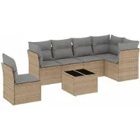 vidaXL 7-tlg. Garten-Sofagarnitur mit Kissen Beige Poly Rattan