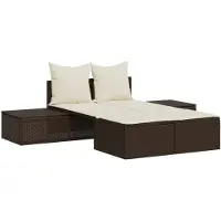 vidaXL Doppel-Sonnenliege mit Auflagen Braun Poly Rattan