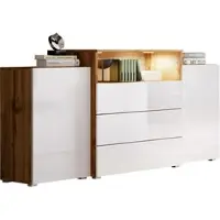 Mirjan 24 Kommode Urban III, Stilvoll Highboard, Modern Wohnzimmer Sideboard (Wotan / Weiß Hochglanz, mit LED-Beleuchtung)