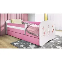 WFL GROUP Kinderbett Rosa 70x140 80x160 80x180 cm – mit Matratze, Rausfallschutz und Schublade – Jugendbett für Mädchen – Stabil und Sicher – Häschen mit Schmetterlingen – 180x80 cm