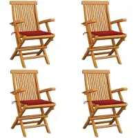 vidaXL Klappstühle mit roten Kissen, 4 Stück, Massivholz Teakholz