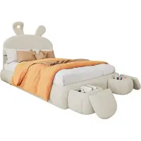MODFU Jugendbett Polsterbett 140×200 Samt,Doppelbett mit Kopfteil in Hasenohrenform und 2 Aufbewahrungshockern,Boxspringbett,ohne Matratze,Beige
