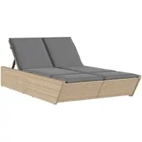 vidaXL Doppel-Sonnenliege mit Auflagen Beige Poly Rattan