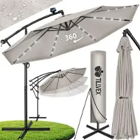Tillvex Alu Ampelschirm Taupe LED Solar Ø 350 cm mit Kurbel | Sonnenschirm mit An-/Ausschalter | Gartenschirm UV-Schutz Aluminium | Kurbelschirm mit Ständer Marktschirm wasserdicht