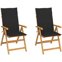 vidaXL Klappstühle, 2 Stück, mit schwarzen Kissen, aus massivem Teakholz