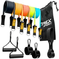 Markenlos Widerstandsbänder 5er Set mit Griff Expander 4,6-22,8kg Türanker | TX-050TSV Fitnessbänder, Gymnastikband, Knöchelriemen, Resistance Bands, Neon / Grau