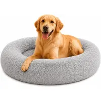 Belviona Donut-Hundebett, kuscheliges Plüschbett mit weicher Füllung, sicherem Halt & ergonomischem Rand, 100 cm Durchmesser, hellgrau