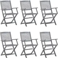 Markenlos 6 klappbare Gartenstühle aus massivem Akazienholz, grau lasiert, mit Sitzkissen, bis 110 kg belastbar, platzsparend für Terrasse und Hof