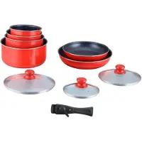 Hagen Kochgeschirr-Set mit Steinbeschichtung und abnehmbaren Griffen, 10-teilig, rot, HA04623-RED