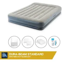 Intex Luftbett - 2 Personen - 152 x 203 x 30 cm - Grau - Mit eingebauter Pumpe + Spannbettlaken Weiß + Kopfkissen + Molton 2 in 1 Kissenbezüge + Reperaturset