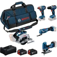 Bosch Kit 5 Werkzeuge 18V - GSR 18V-65 + GDX 18V-285 + GKS 18V-57-2 + GOP 18V-34 + GST 18V-125 S + 2 x 5,0 Ah + GAL 12V/18V-80 + Tasche - - 0615A500BV