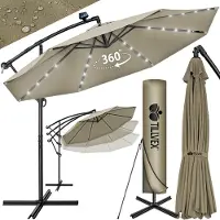 Tillvex Alu Ampelschirm Braun LED Solar Ø 300 cm mit Kurbel | Sonnenschirm mit An-/Ausschalter | Gartenschirm UV-Schutz Aluminium | Kurbelschirm mit Ständer Marktschirm wasserdicht