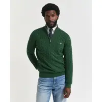 Gant für Herren. 8050603 Grüner Zopfmuster-Pullover mit halbem Reißverschluss (L), Lässig, Baumwolle