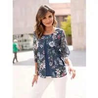 Witt Weiden Klassische Bluse WITT "Druckbluse Druckbluse in 2-in-1-Optik", Damen, Gr. 50, bunt (dunkelblau, orchidee, bedruckt), Georgette, , Elegant, Rundhals, Blusen Klassische Bluse