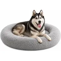 Belviona Donut-Hundebett, kuscheliges Plüschbett mit weicher Füllung, sicherem Halt & ergonomischem Rand, 120 cm Durchmesser, hellgrau