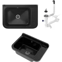 Granitan - Waschbecken - Ausgussbecken - 50x34x24 cm - Schwarz - mit Siphon - POLO