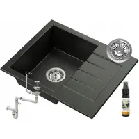 Granitan - Granitspüle - Küchenspüle - 57x46 cm - Schwarz - mit Siphon und Abtropfgestell - MILANO