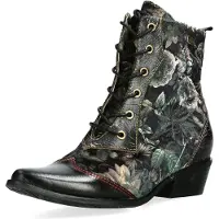 LAURA VITA Damen Stiefelette Floraldruck Blockabsatz Glattleder HICNIO 29, Größe:39 EU, Farbe:Schwarz