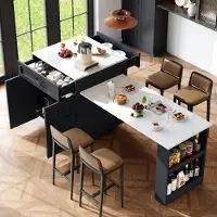 Sweiko Ausziehbarer Bartisch mit Stauraum(133-202×70×93.5cm),mit zwei Schubladen und vier Fächern, Kücheninsel erweiterbar Tisch, für 2-6 Personen, Küchen-Esswagen mit seitlichen Ablagen, Schwarz