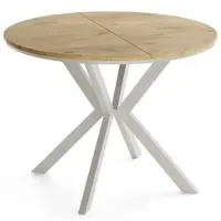 WFL GROUP Valeo Neo – Esstisch, Ausziehbar – Runde Tischplatte – Metallgestell mit Ring – Kaschmirfarbene Beine – Laminierte Tischplatte – Lancelot Eiche – 100-140/100/76 cm