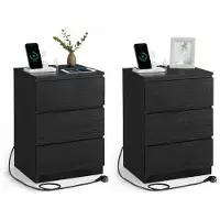 OEM Nachtisch mit 2 Liedern, 3 Schubladen, abgerundeter Kante, 2 Steckdosen, 2 USB-Anschlüssen, Wohnzimmer, Schlafzimmer, Arbeitszimmer, modern, Eichenholzschwarz