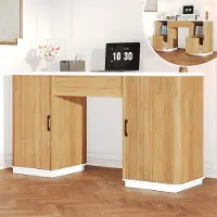 ALFORIGO Schreibtisch 140 x 50 cm, manuell höhenverstellbar, mit 2 Schubladen und 2 Fächern, Computertisch als Schminktisch in Weiß/Eichenoptik