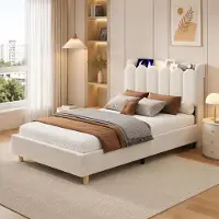 ALFORIGO Polsterbett 90 x 200 cm mit Samtbezug und USB, Typ-C und Leselicht – Kinderbett mit Kopfteilablage, Holzbeinen und Lattenrost, Einzelbett in Beige