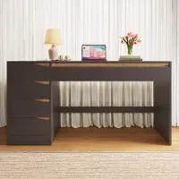 ALFORIGO Schreibtisch 140 x 50 cm, MDF, mit 5 Schubladen, Computertisch als Schminktisch mit asymmetrischen Auszügen, Mattgrau und Eichenoptik