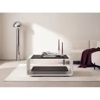 WFL GROUP Couchtisch 100 x 50 cm mit Schwebender Ablage in Weißer Marmor – Moderner Wohnzimmertisch mit Abgerundetem Metallgestell in Weiß & Versteckten Rollen – EU