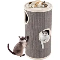 Costway Kratztonne Ø36x70cm, Katzentonne mit Sisal-Kratzbrett, 3 Katzenhöhlen, Plüschbett & Plüschrand, 4-stöckiger Kratzbaum für Katzen bis 15kg Grau