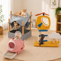 Northio Themen-Katzenmöbel-Set (3-teilig) – Hubschrauber-Kratzbaum, geschlossene Katzentoilette und Katzenhaus aus Bambus
