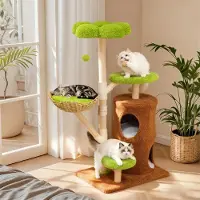 StarTech.com Katzen Kratzbaum - Kletterbaum Aktivitätszentrum - 4 Ebenen für Innenbereich - Höhlen Plattformen Aussichtsplatz - Geflochtener Korb und Blumenplattform - Hellgrün