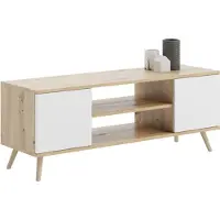 KOBI TV-Schrank Focus 155 cm in Weiß und Artisan Eiche – Laminatplatte, mit leisen Schließsystem und stabilen Holzbeinen, für Fernseher bis 65 Zoll