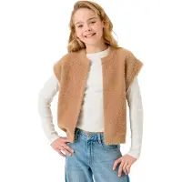 Garcia Strickweste , Mädchen, Gr. 140/146, beige (camel gold), Web, Obermaterial: 50% Polyamid, 35% Polyester, 15% Viskose, regular fit normal, V-Ausschnitt, Westen Strickweste, mit Stickerei