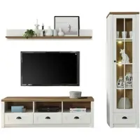 Furn.Design Wohnwand "Seyne" in weiß Pinie und Eiche hell Landhaus Wohnkombination 230 cm