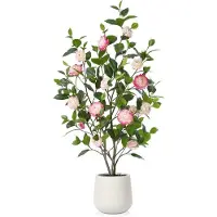 OEM Kunstmatige Camellia-Blumenstrauch 120 cm in Weißer Keramik-Topf mit 30 Blumen für Wohnzimmer, Büro, Balkon, Garten, Dekoration
