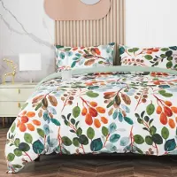 Merkloos Bettbezug-Set mit Blumen- und Blattmuster, 200 x 200 cm, inklusive 2 Kopfkissenbezügen 50 x 70 cm