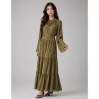 Michael Kors für Damen. MT683L17R3 Maxikleid mit Smok-Bindekragen in Grün (S), Lässig, Party, Langarm, Recyceltes Polyester