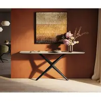 DELIFE Konsolentisch Edge Boot 180x40 cm Keramik Laminam Travertino Bianco Creme-Weiß Estelo Metall Schwarz