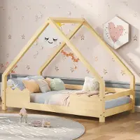 ALFORIGO Hausbett 90 x 200 cm aus Kiefernholz mit Lattenrost, Kinderbett mit zusätzlichem Gästebett, wellenförmigen Zäunen und abgerundeten Kanten; Bettgestell