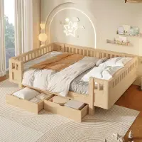 STILVORA Plattformbett 140x200cm mit Matratze Bettgestell mit hohem Schutzgitter, Kinderbett mit 2 großen Schubladen, Funktionsbett mit Stauraum, Holzfarbe