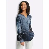HEINE Langarmbluse , Damen, Gr. 50, blau (jeansblau, steingrau, bedruckt), 100% Viskose, bedruckt, gemustert, mehrfarbig, Rundhals, Blusen Langarmbluse